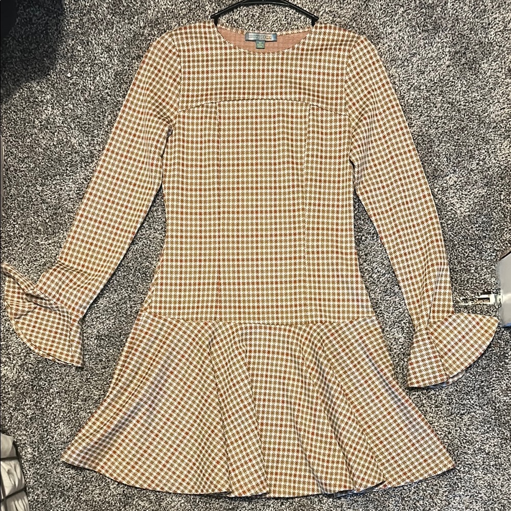 Good Luck Gem Tan and White Fit and Flare Bell Sleeve Dress